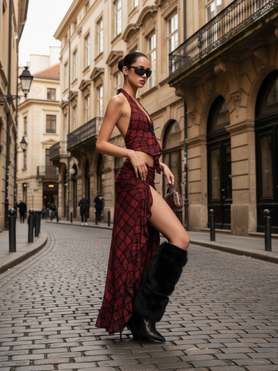 Diana Plaid Print Vest Top & Wrap Slit Skirt Coord Set