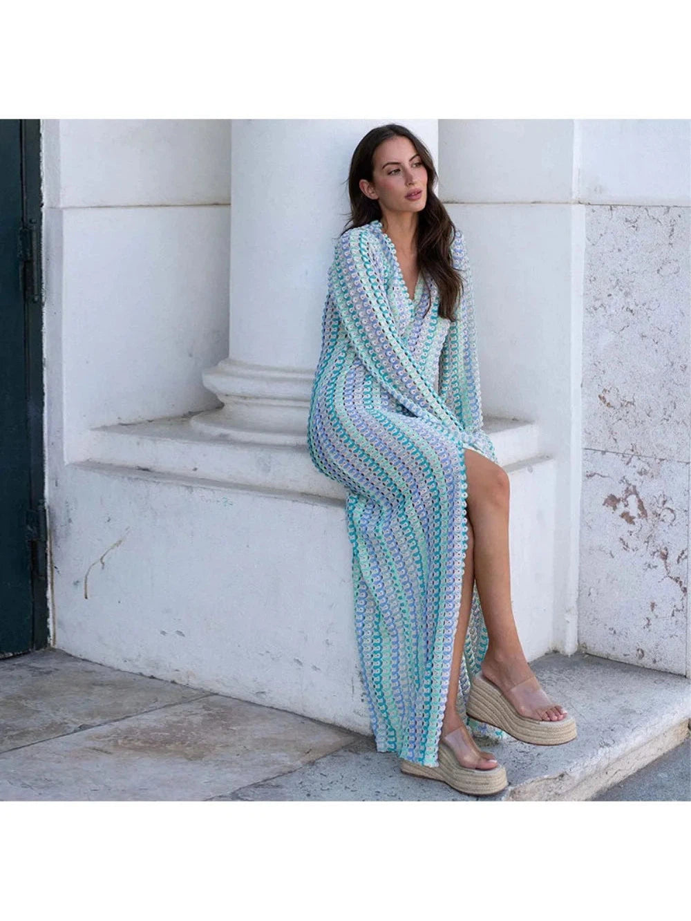 Deep V Neck Crochet Slit Beach Maxi Dress