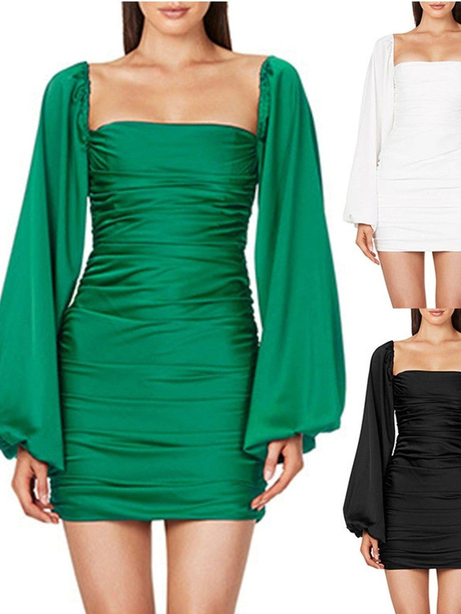 Lantern Sleeves Ruched Bodycon Short Dress