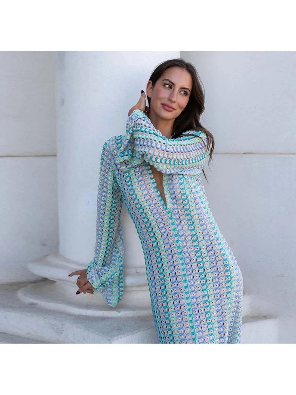 Deep V Neck Crochet Slit Beach Maxi Dress