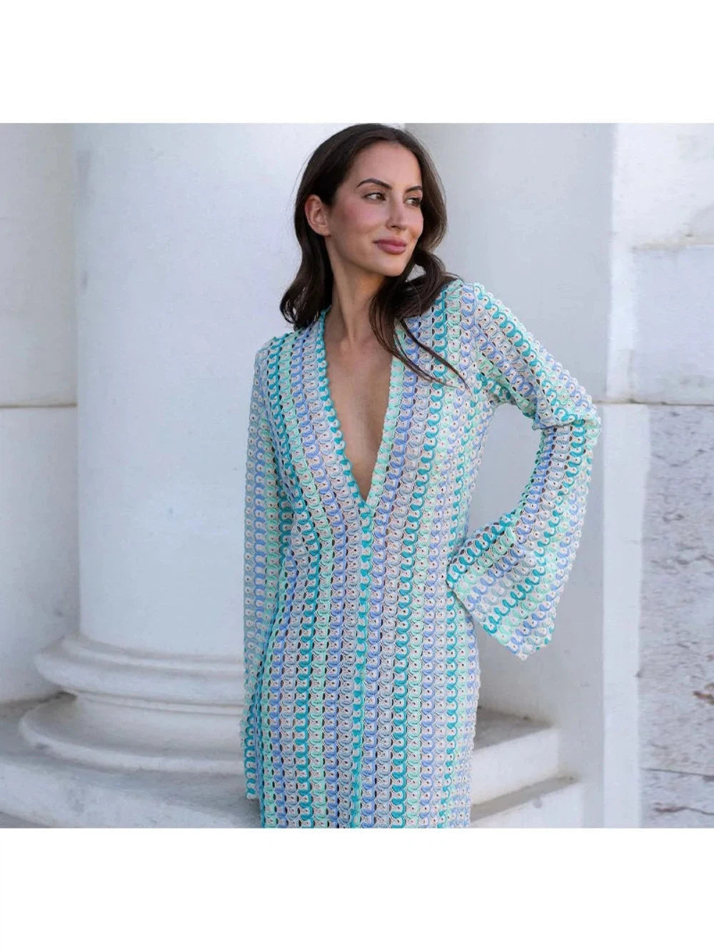 Deep V Neck Crochet Slit Beach Maxi Dress