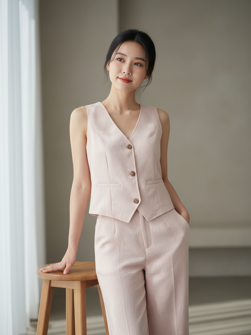 Pink Jacquard Print Waist Coat Vest & Pants Coord Set