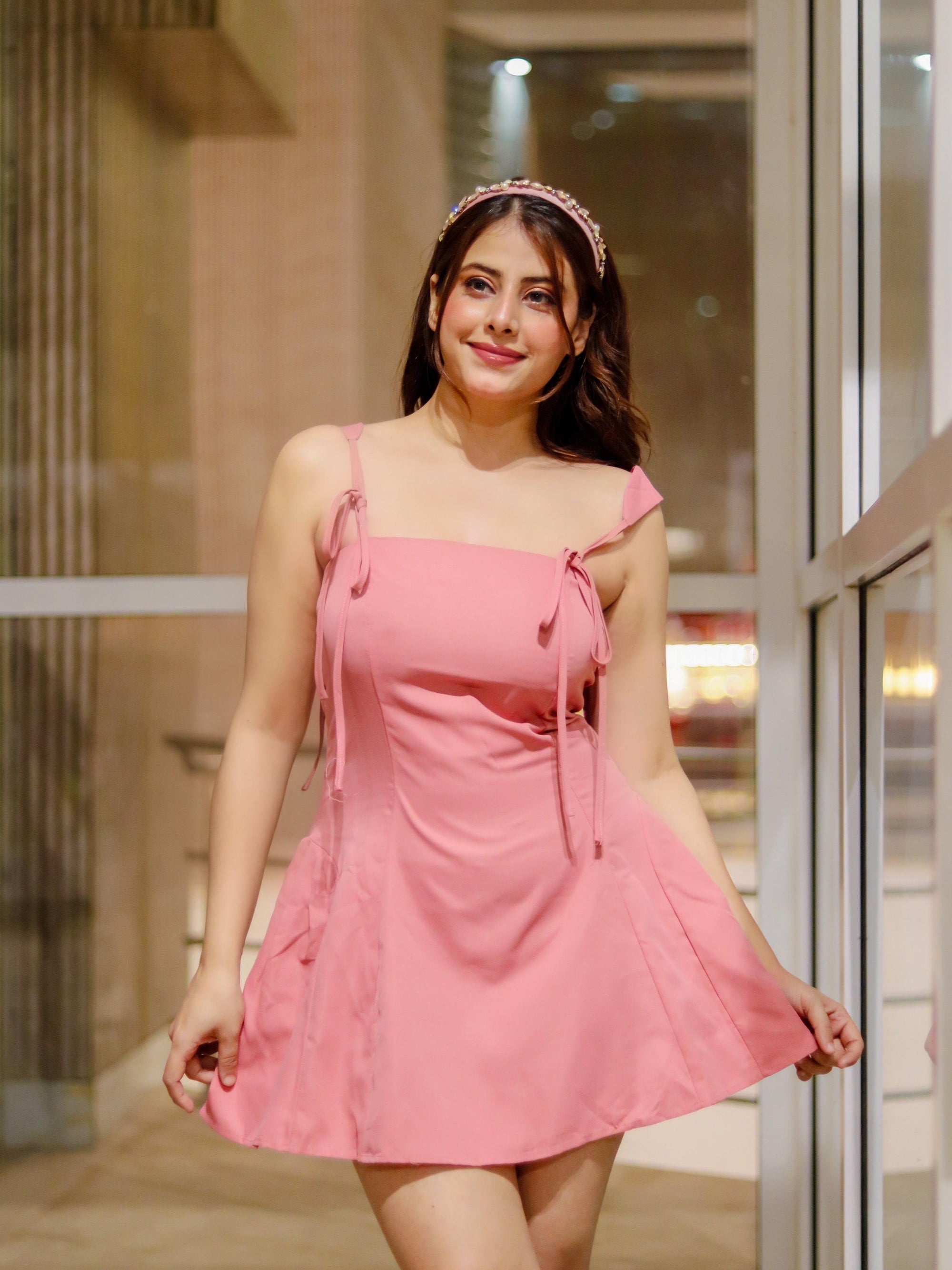 Tied Strap Flare Short Dress