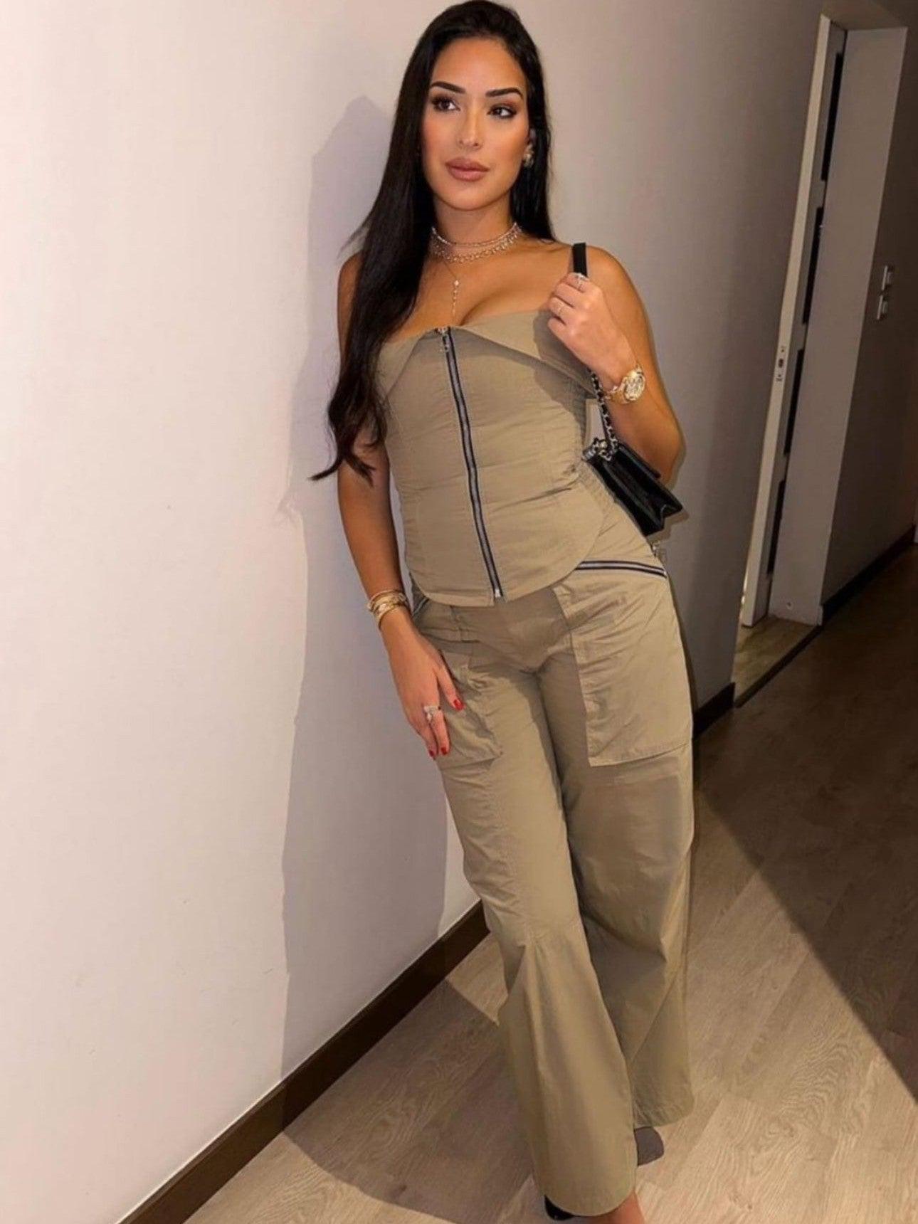 Zipper Tube Fold Top & Cargo Pants Coord Set