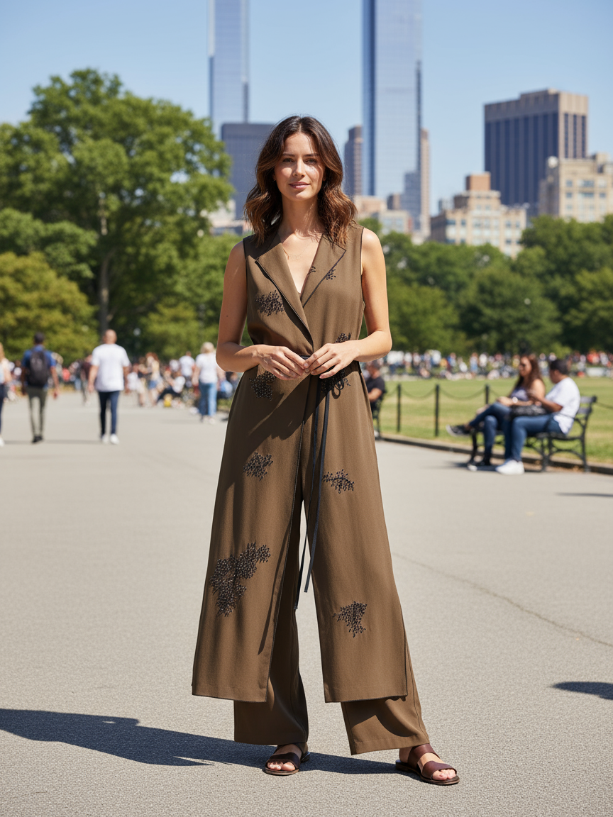 Floral Embroidered Vest & High Waist Wide Leg Pant Coord Set