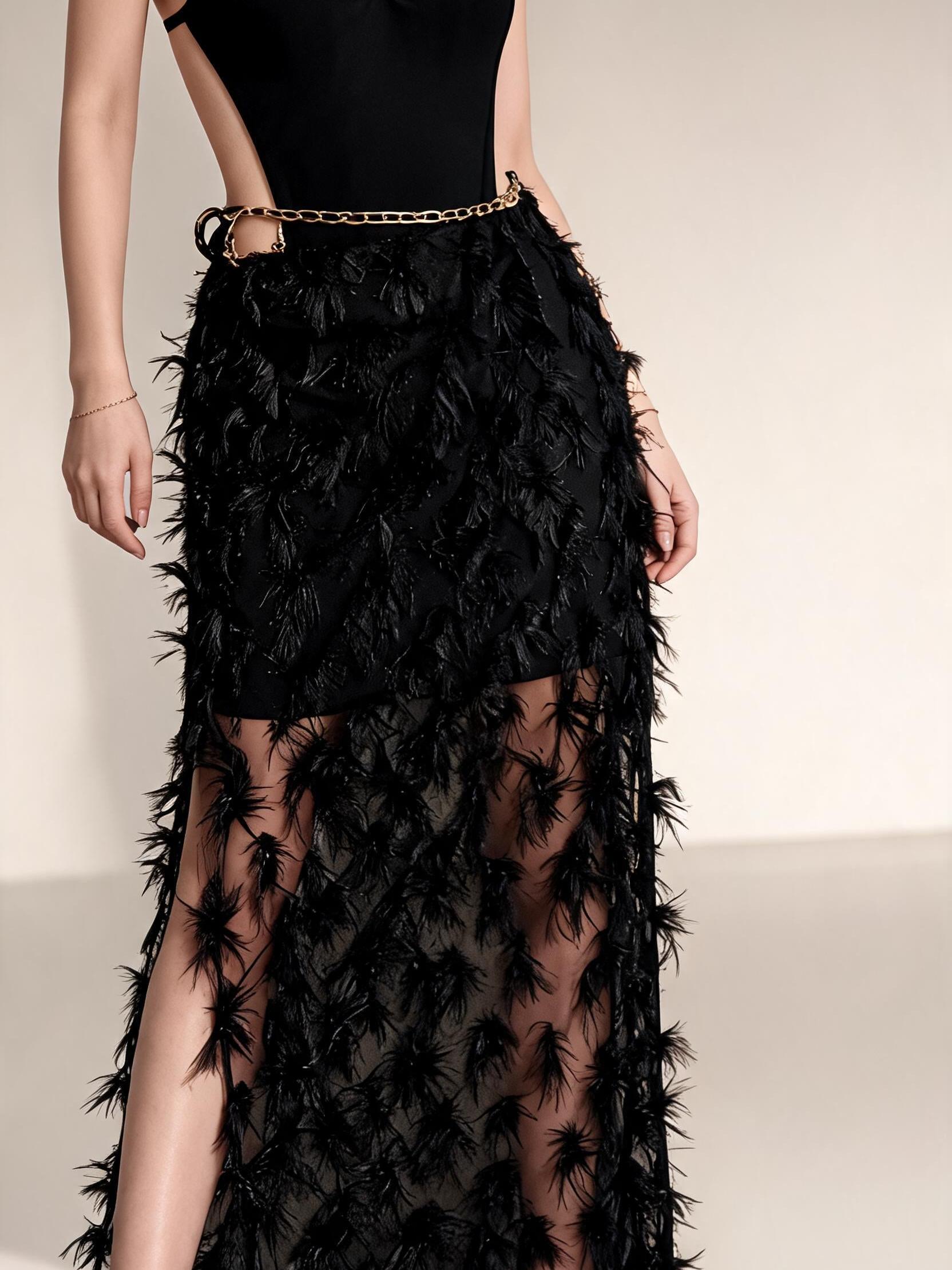 Noir chain-link halter monokini with feathered black skirt overlay and gold chain belt