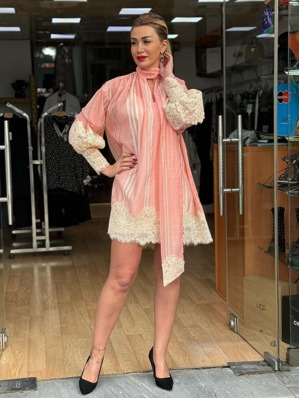 Balloon Sleeve Lace Mini Dress