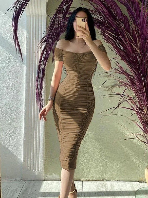 Ruched Mesh Sheath Midi Dress