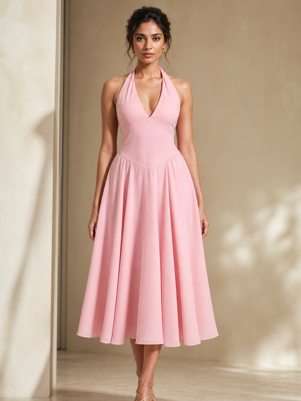 Pink halterneck flare midi dress by Exclusives, Dresses on Sale