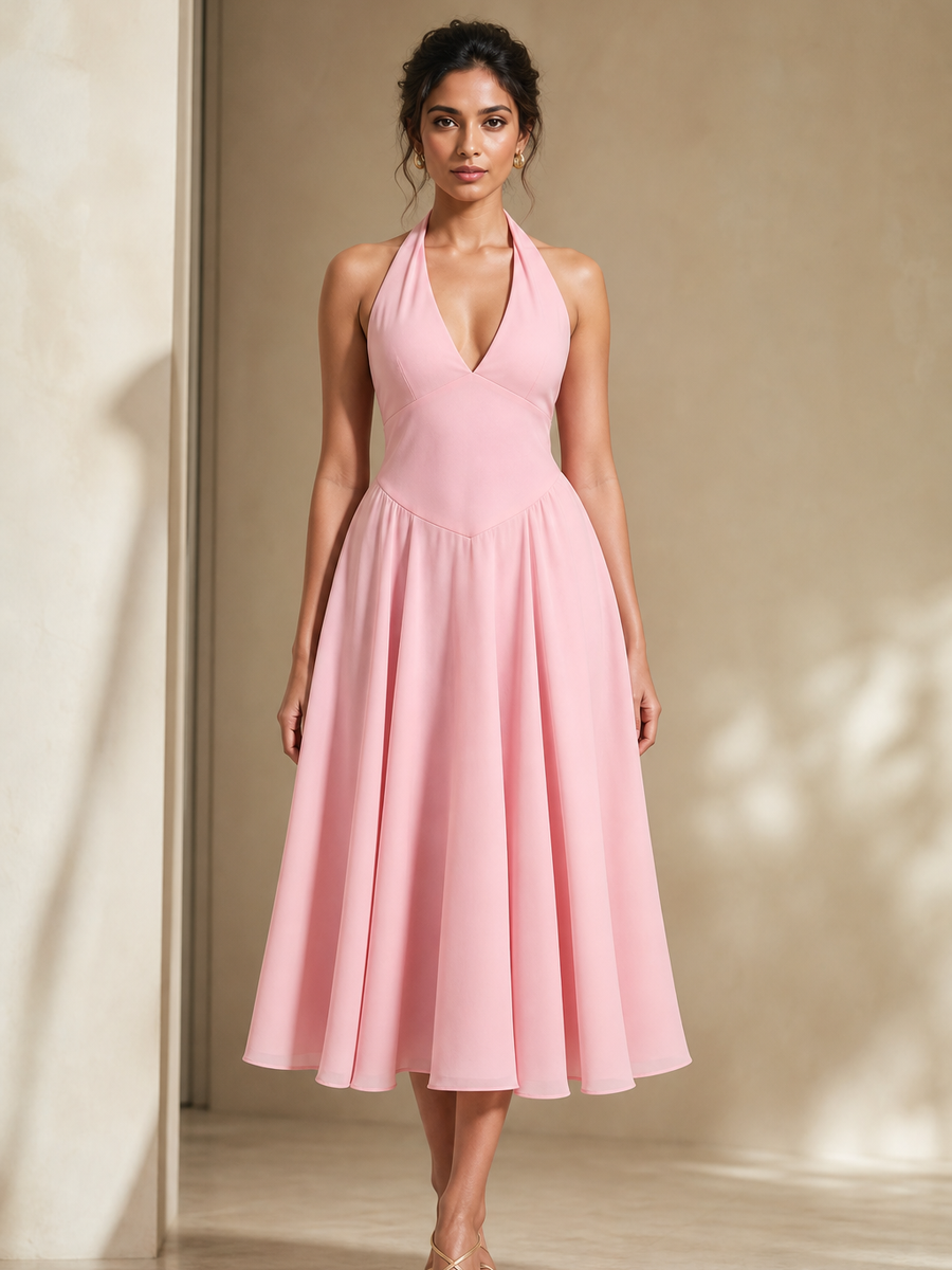 Pink halterneck flare midi dress by Exclusives, Dresses on Sale