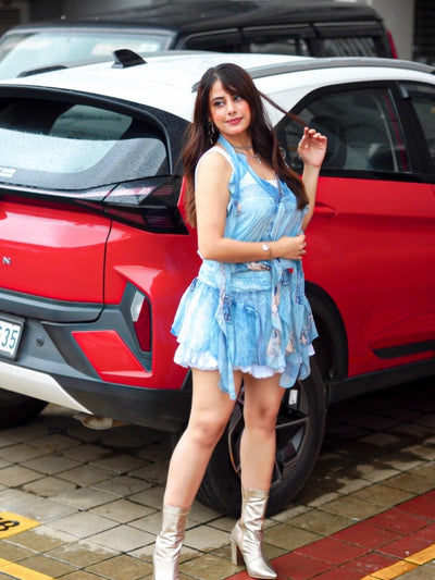 Backless Halterneck Tie Dye Animal Print Ruffle Short Dress