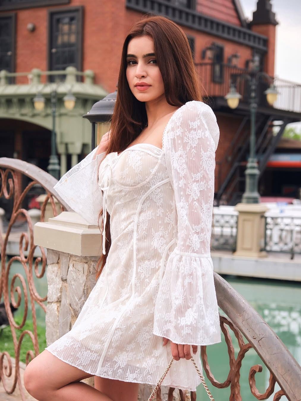 Nesa Lace Boning Corset Bell Sleevees Short Dress