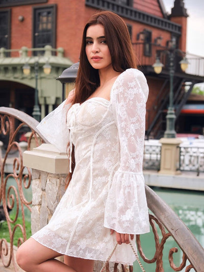 Nesa Lace Boning Corset Bell Sleevees Short Dress