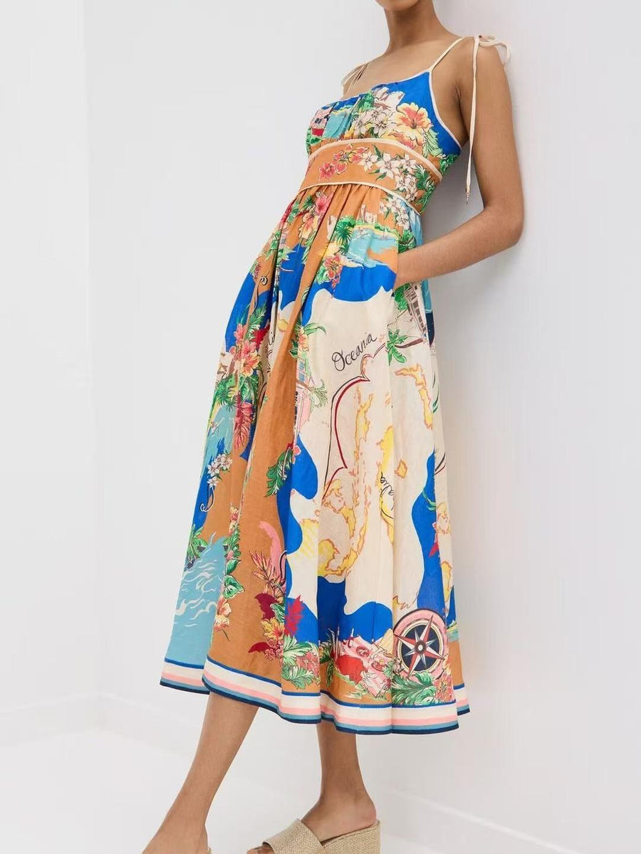 Tied Spaghetti Strap Nautical Floral Print Midi Dress