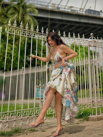 Floral Print Crystal Bralette & Ruffles Skirt Coord Set