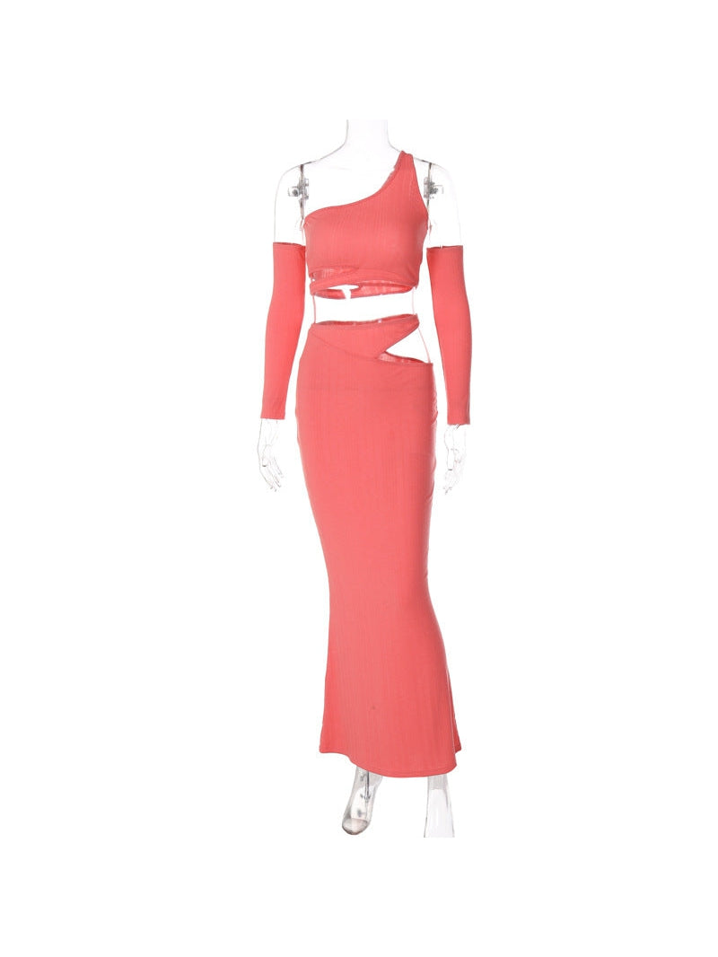 One Shoulder Crop Top & Cutout Skirt Coord Set