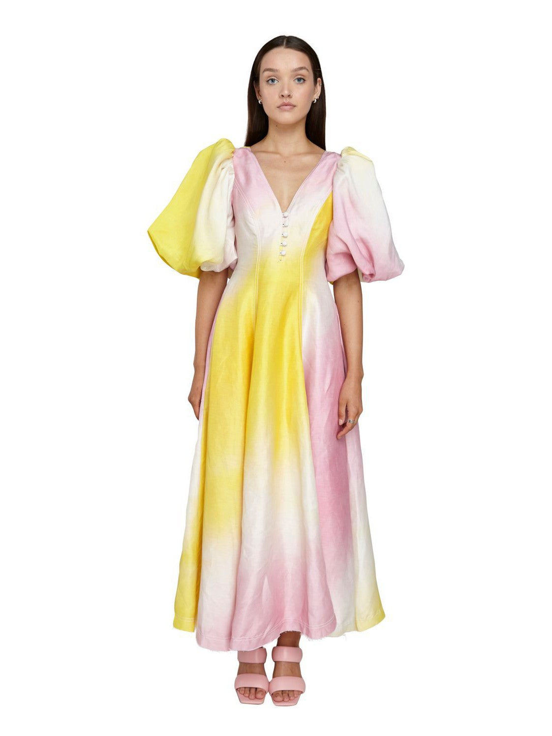 V Neck Lantern Sleeve Dress