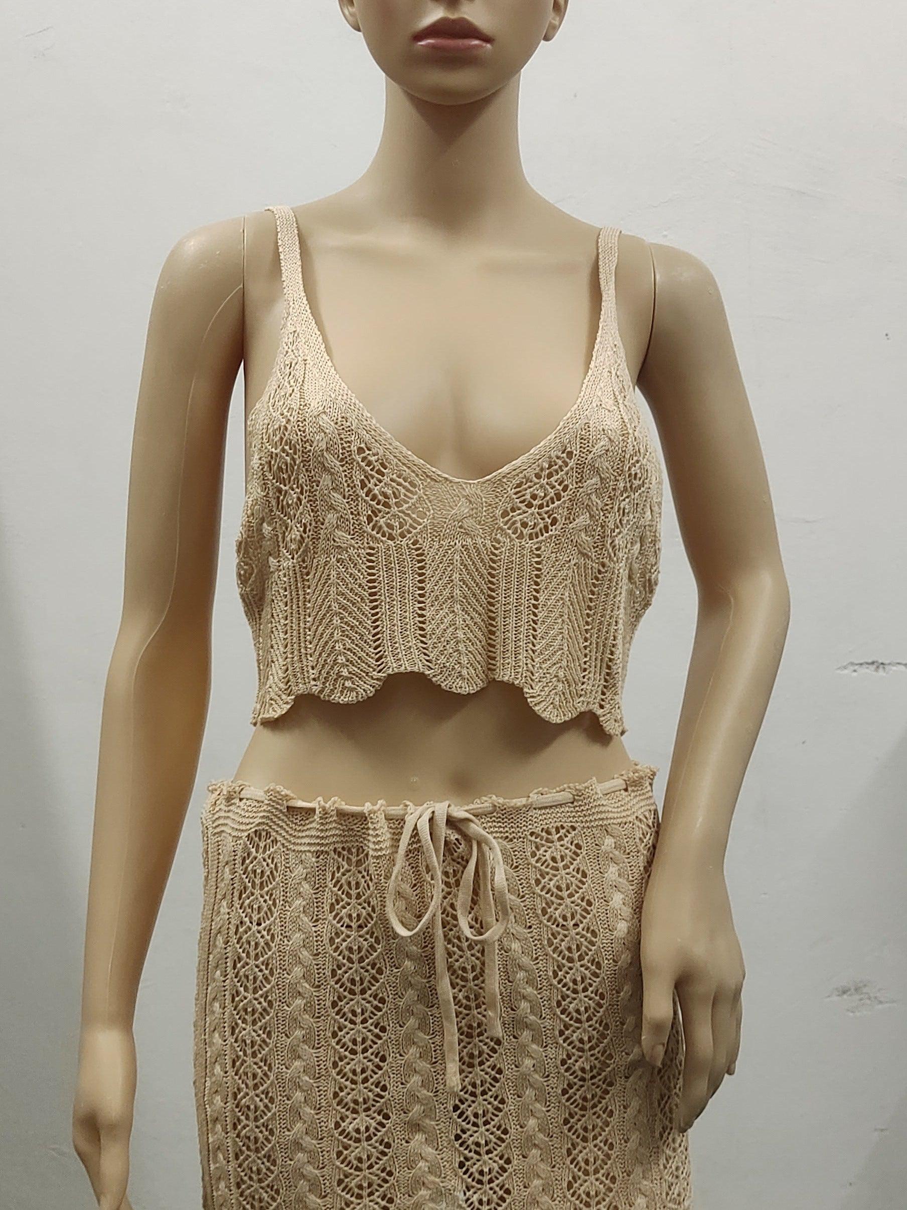 Crochet Floral Hollow Out Cutout out Tied Skirt Set