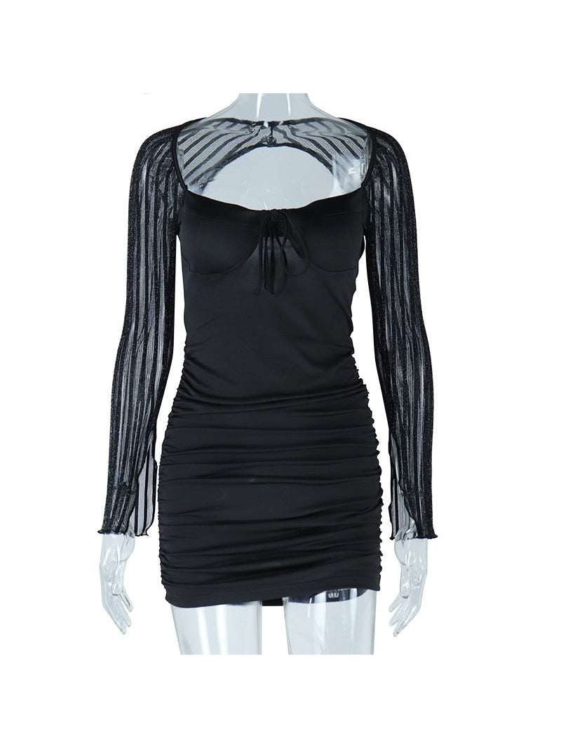 Mesh Sleeves Lace Up Bodycon Short Dress