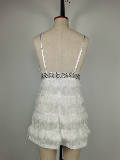 V Neck Studded Sequin Feather Dress