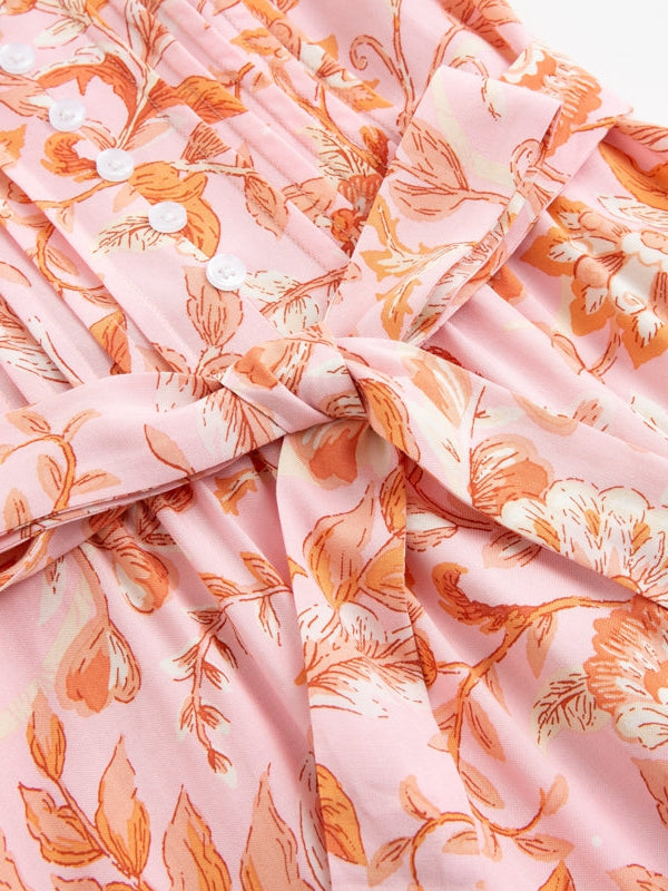 V Neck Spaghetti Strap Floral Print Midi Dress