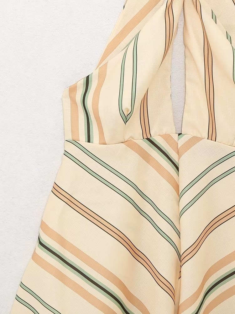 Striped Linen Blended Short Dress