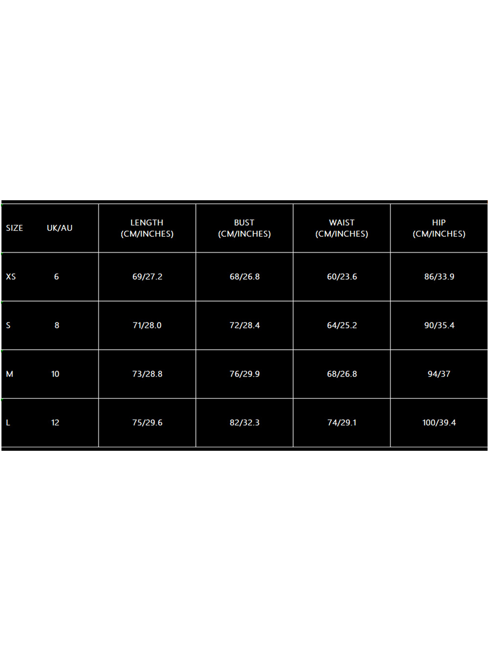 Exclusives Pleated sheath A-line high-waist dress size chart with XS–L bust, waist, hip measurements