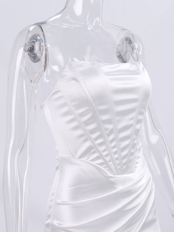 Satin Boning Corset Tube Top High Slit Dress