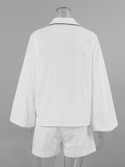 Contrast Color Casual Cotton Linen Shirt & Shorts Coord Set