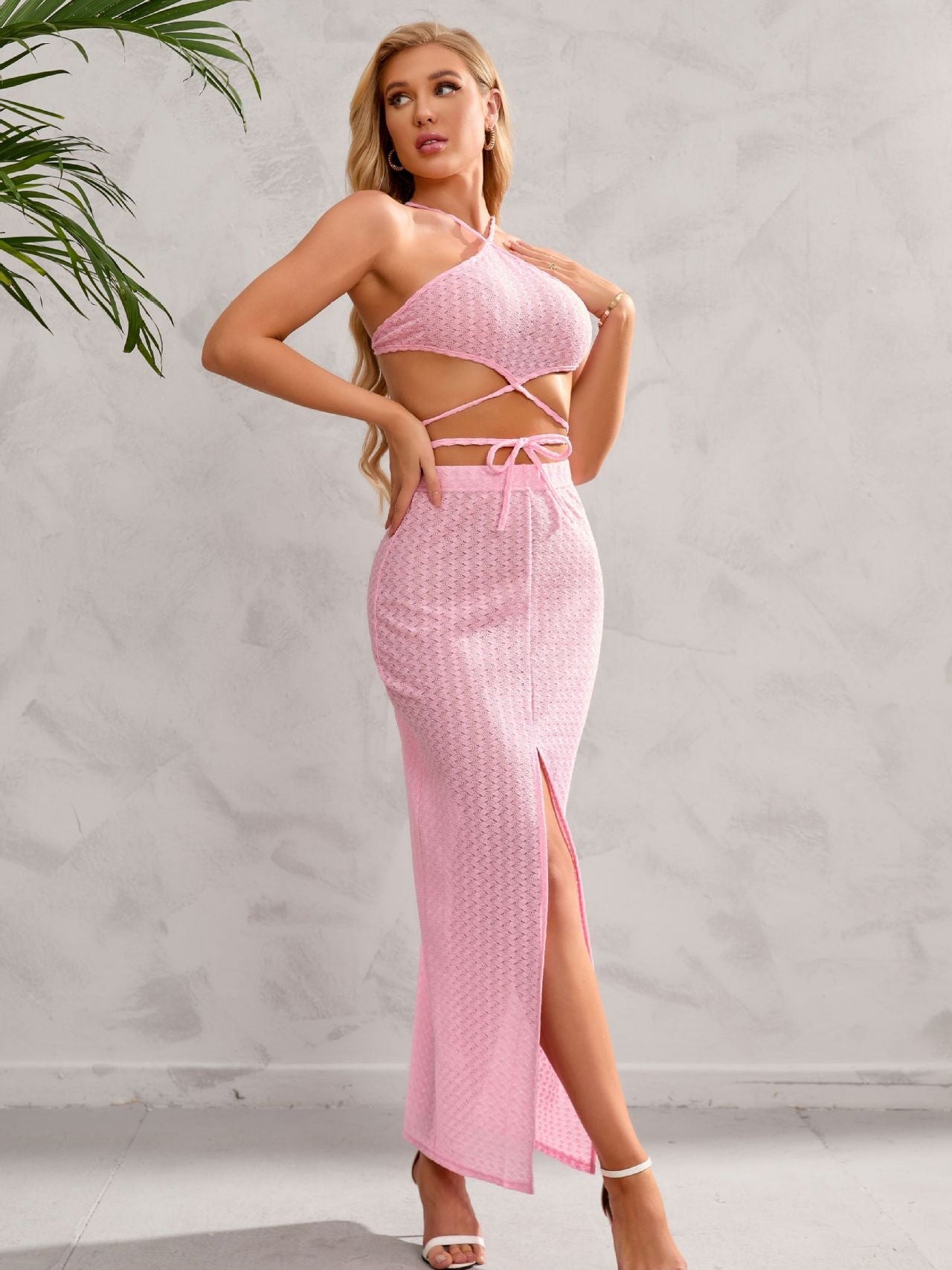 Halterneck See through Lace up Top & Long Slit Skirt Set