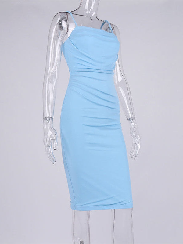 Mesh Pleated Backless Suspender Boning Corset Midi Dress