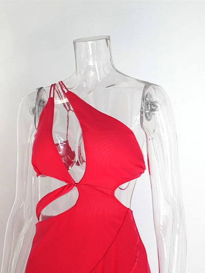 Oblique Shoulder Asymmetric Ruffled Split Cutout Dress