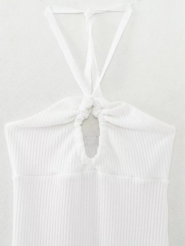 Halterneck Backless White Hollowout Ribbed Dress