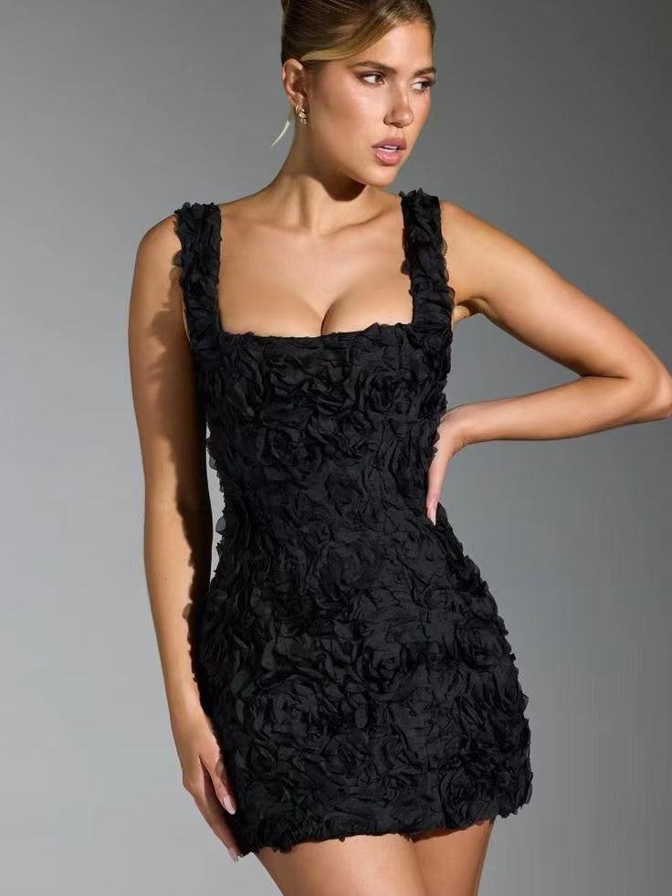 Black 3D rosette-applique textured bodycon mini dress with wide straps and square neckline.