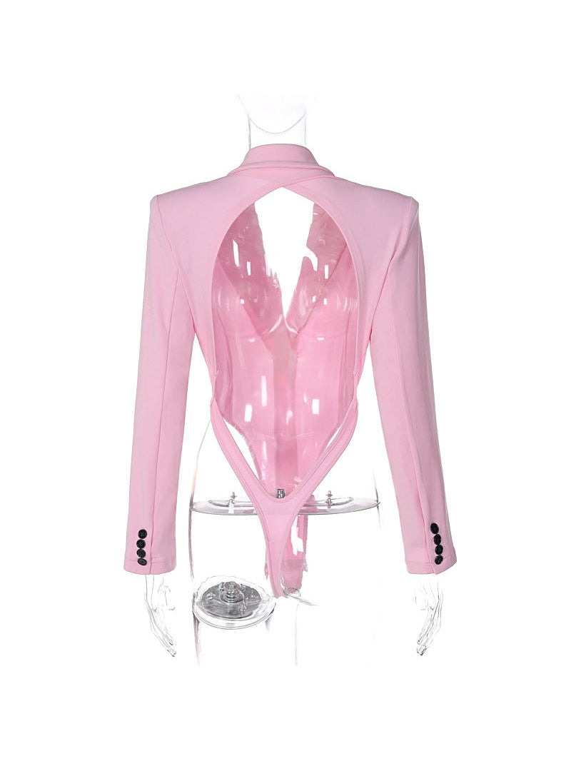 Pink Blazer Style Backless Bodysuit
