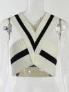 V Neck Knitted Vest Striped Halter Crop Top
