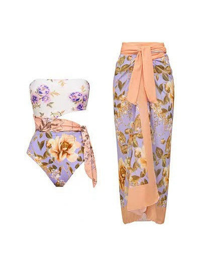 Spring Floral Printed Swimsuit & Skirt Coord Set