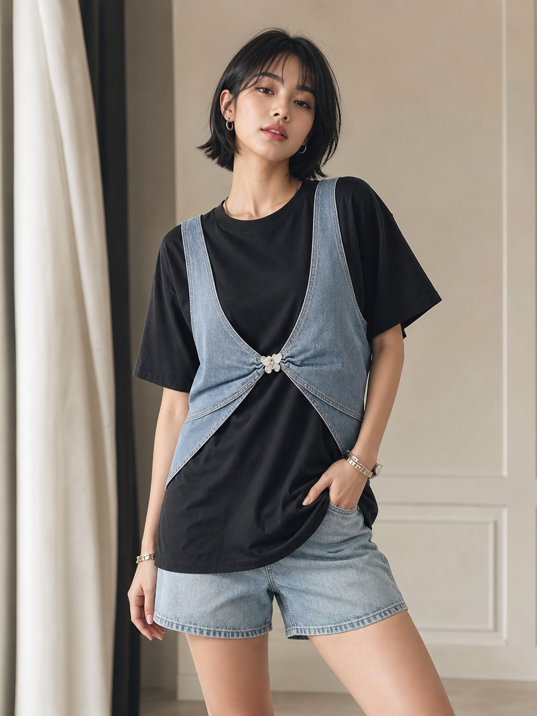 Denim Waist Coat Oversized T Shirt by EXCLUSIVES; light blue denim overlay on a black tee