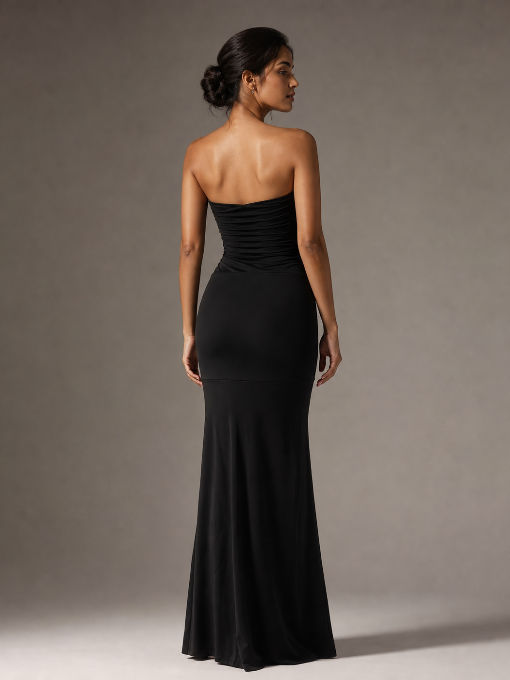 Sheath tube-top pleated evening dress, black, full-length back view
