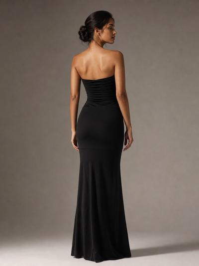 Sheath tube-top pleated evening dress, black, full-length back view
