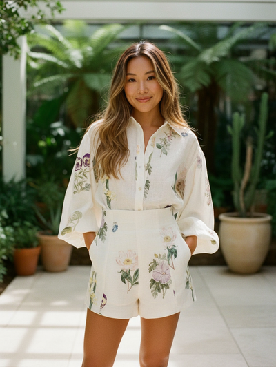 Floral Print Linen Shirt & Shorts Coord Set
