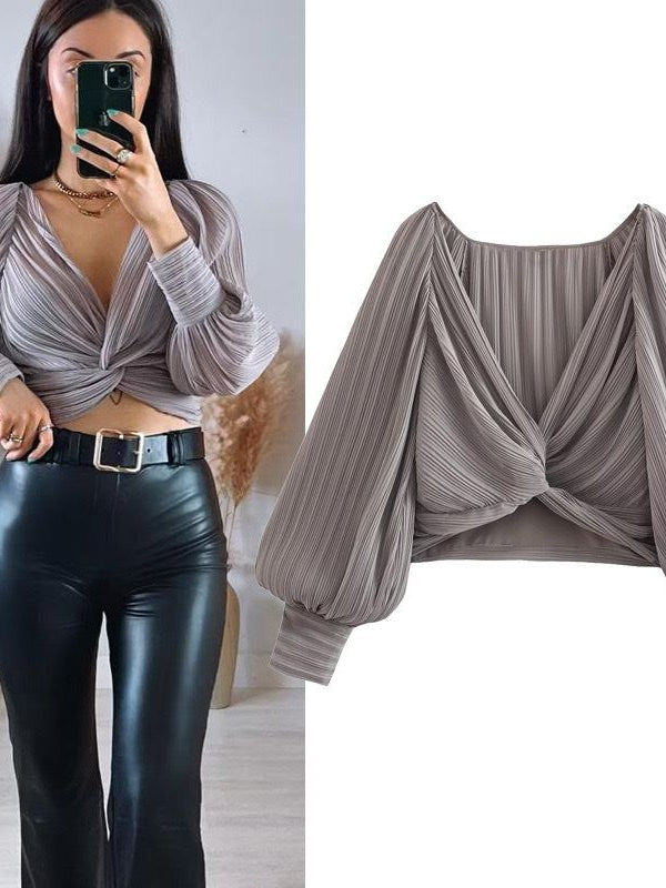 Lantern Sleeves Grey V Neck Pleated Top
