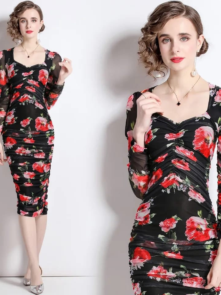 Buy POPWINGS Women Black Red Floral Printed Midi Length Pleated Bodycon  Dress at Amazon.in
