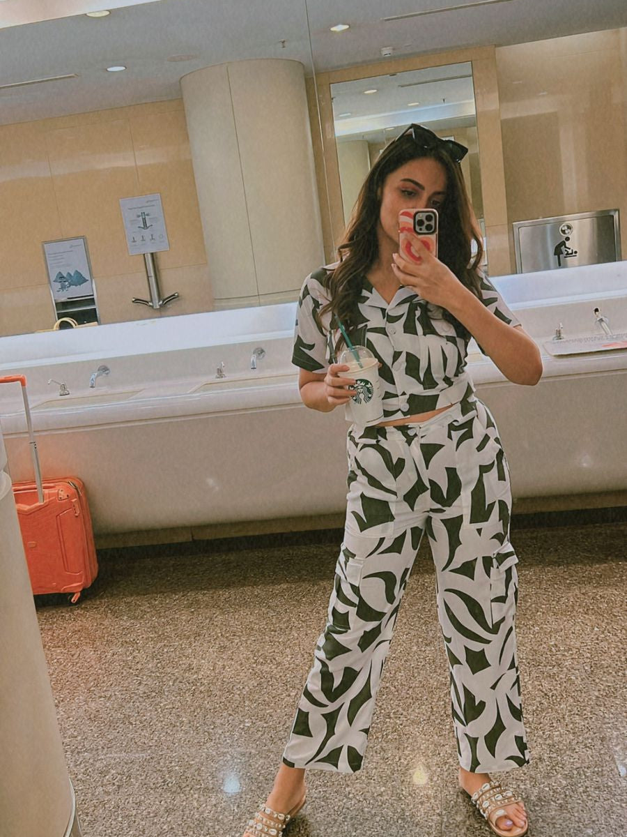 Abstract Print Top with Cargo Pants Coord Set