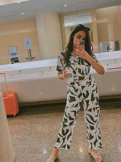 Abstract Print Top with Cargo Pants Coord Set