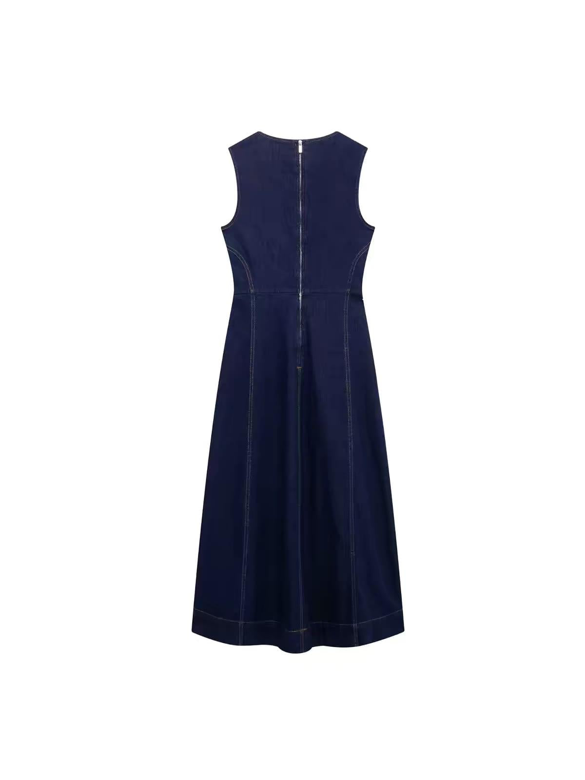 Indigo Sculpt Sleeveless Denim Maxi Dress by Exclusives, navy blue with back zip