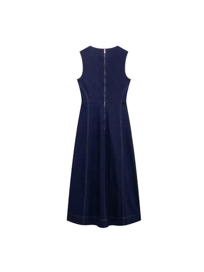 Indigo Sculpt Sleeveless Denim Maxi Dress by Exclusives, navy blue with back zip