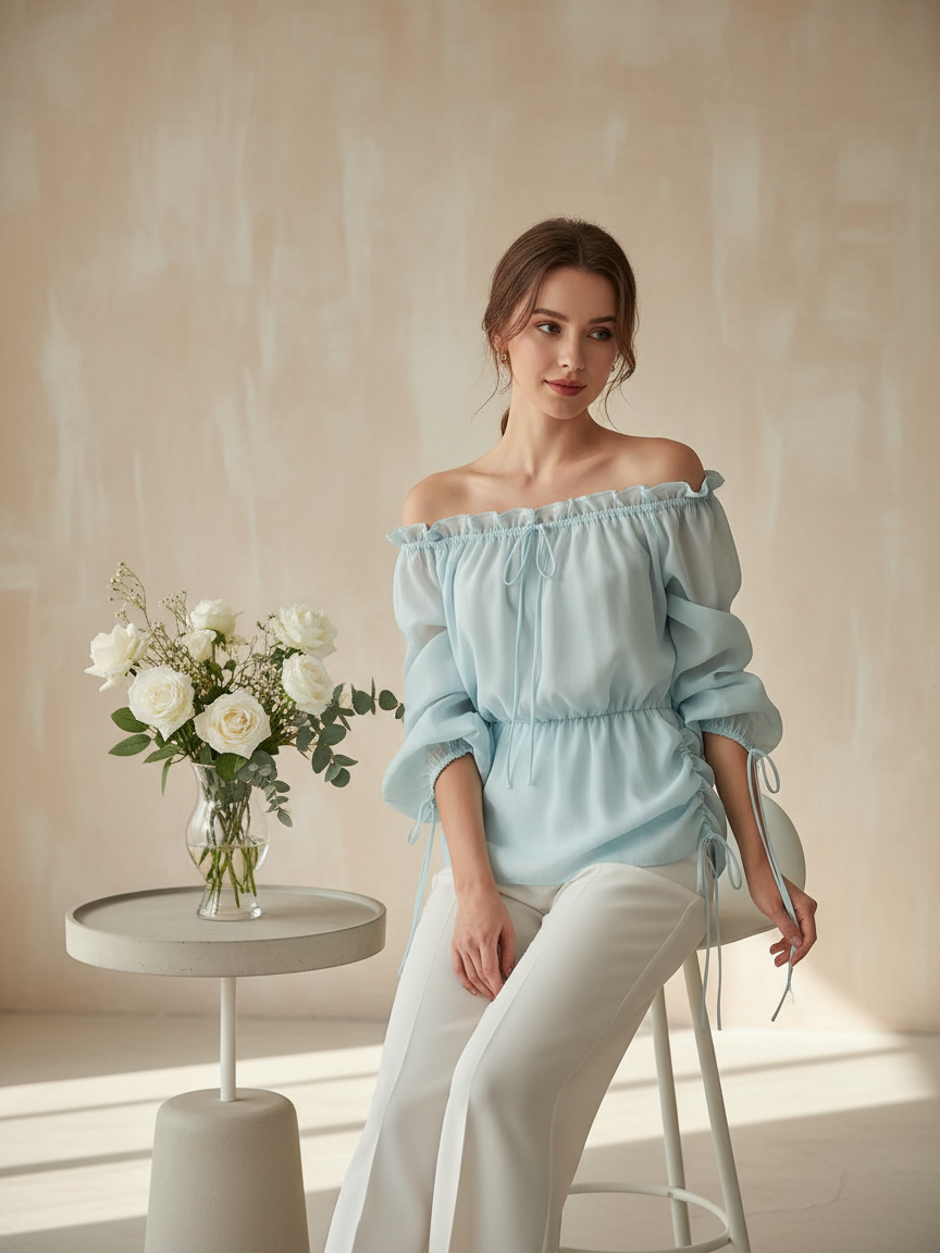 Off Shoulder Tied See Through Lantern Sleeve Top