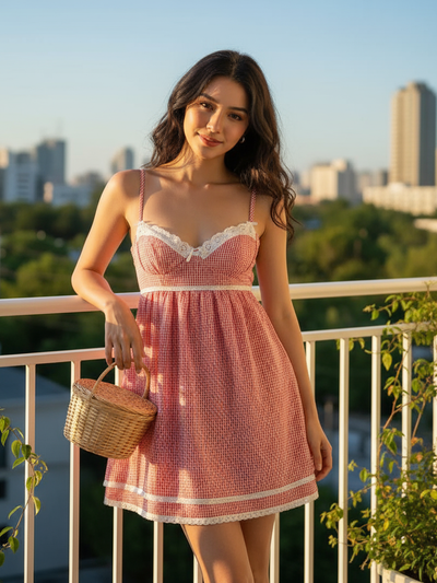 Gingham Print Short Dress With Adjustable Straps