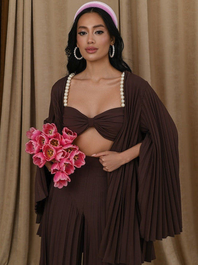 Pearl Koticim Bralette with Cape & Pants 3 Piece Set-Brown